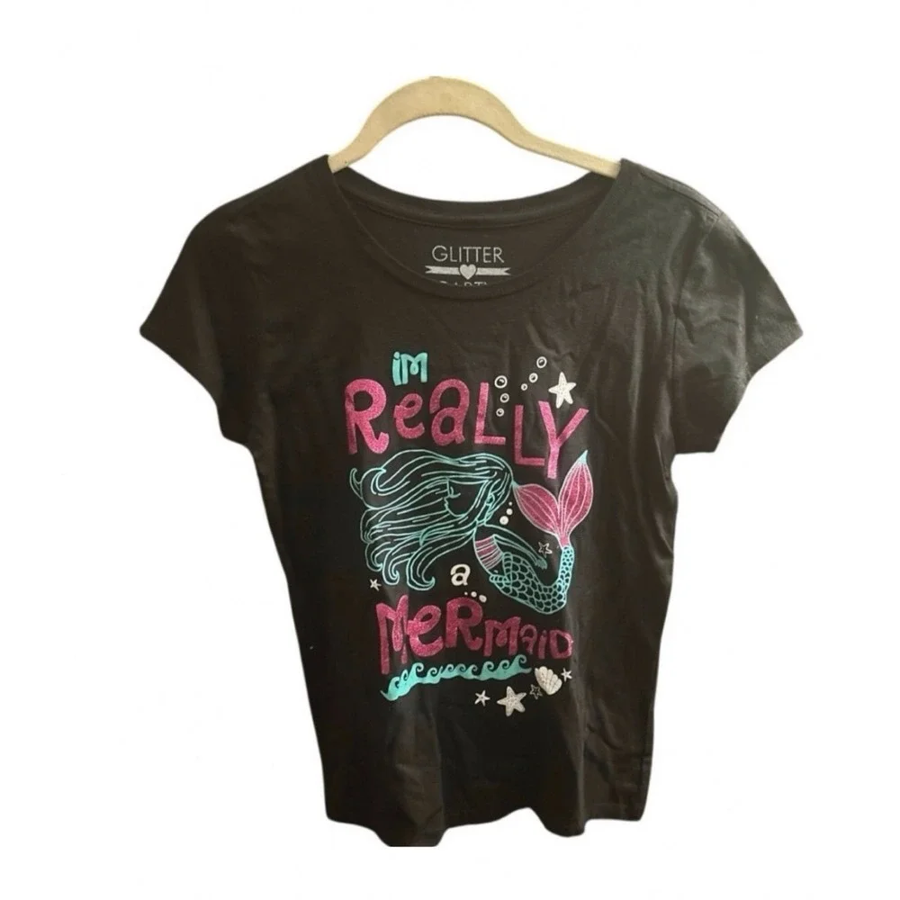 Glitter‎ Party Girls XL 14/16 Black Im Really a Mermaid Short Sleeve Graphic Tee